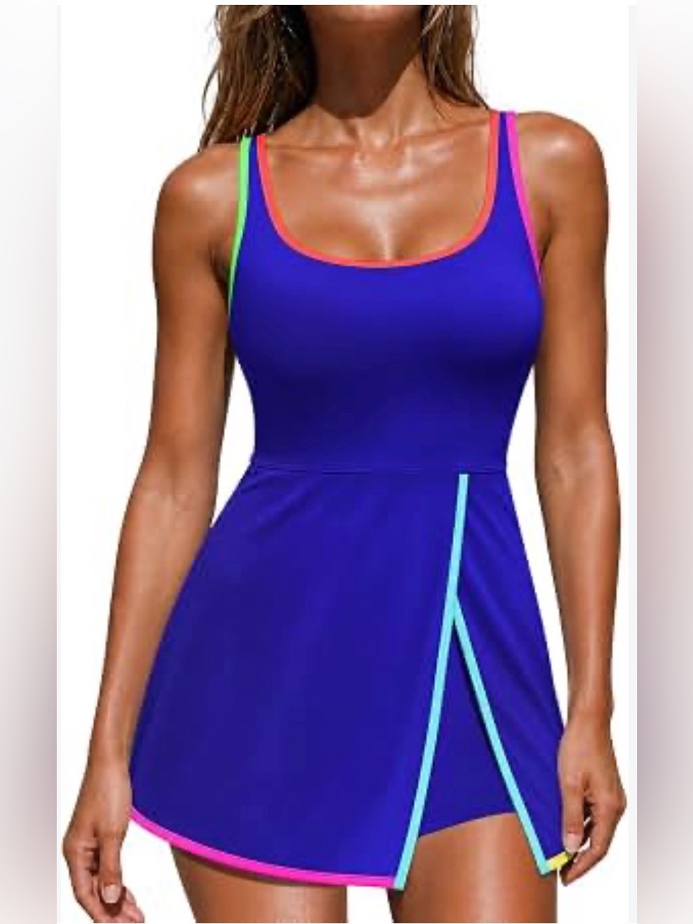 RIHOAS Royal Blue Swimdress with Neon Pink & Lime Trim